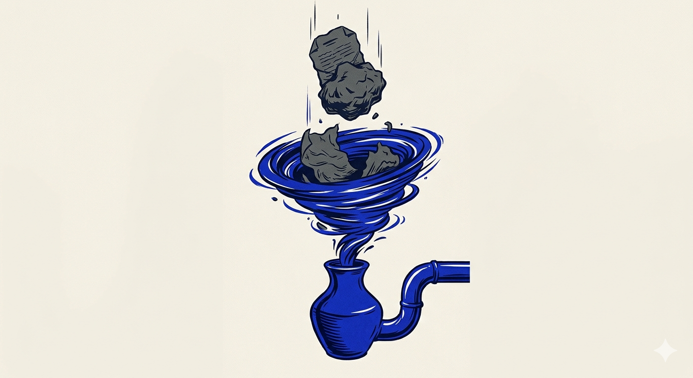 Rough grey rocks dropping into a wide cobalt whirlpool that narrows into a small pot with a spout: many raw candidates funnelled down to the one that pours.