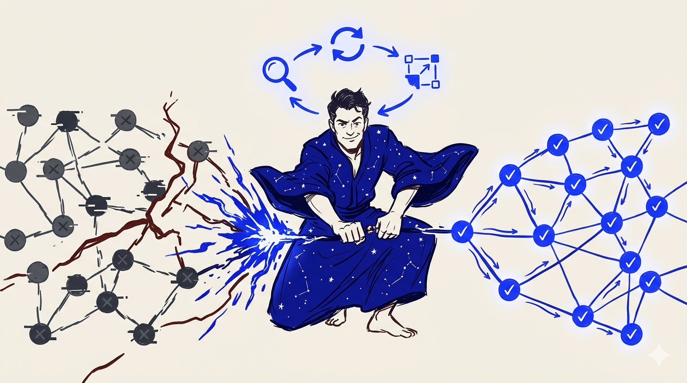 The Potter mid-stance, channeling the search–evaluate–select loop: a graph of failing candidates on the left resolving into verified ones on the right.